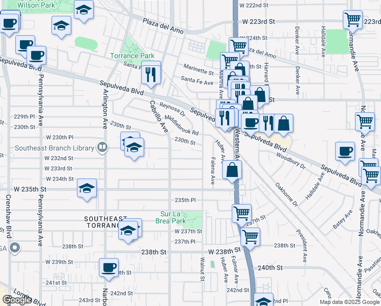 map of restaurants, bars, coffee shops, grocery stores, and more near 1921 230th Street in Torrance