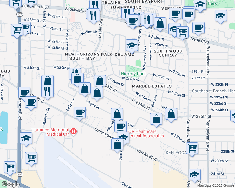 map of restaurants, bars, coffee shops, grocery stores, and more near 2870 West 235th Street in Torrance