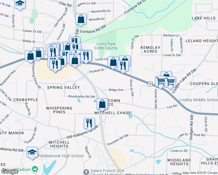 map of restaurants, bars, coffee shops, grocery stores, and more near 568 Ridge Avenue in Mableton