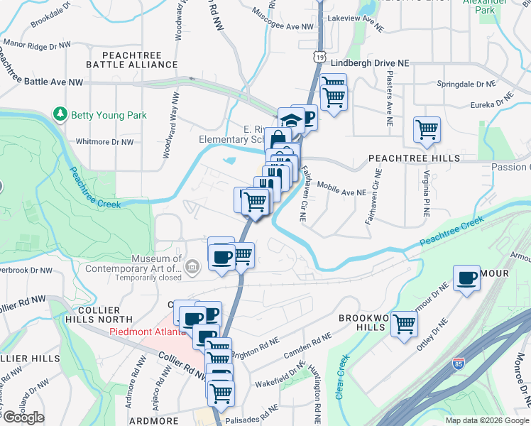 map of restaurants, bars, coffee shops, grocery stores, and more near 2233 Peachtree Road Northeast in Atlanta