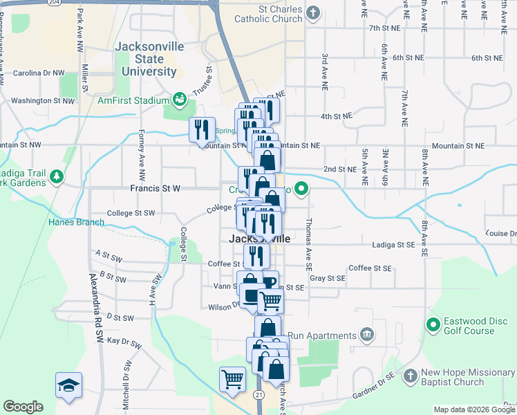 map of restaurants, bars, coffee shops, grocery stores, and more near 115 College Street Southwest in Jacksonville