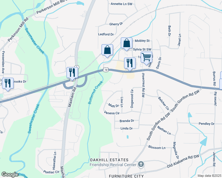 map of restaurants, bars, coffee shops, grocery stores, and more near 2020 Sanders Drive in Austell