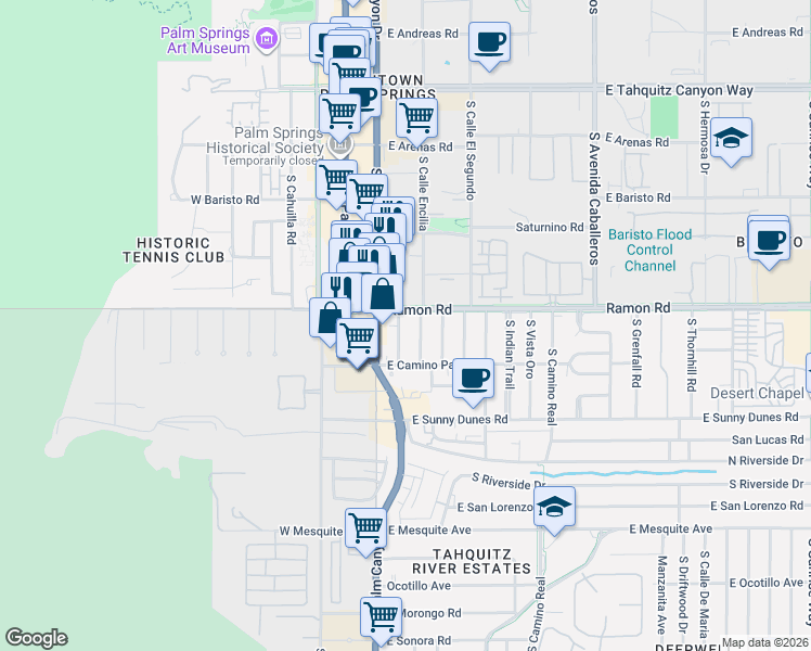 map of restaurants, bars, coffee shops, grocery stores, and more near 524 South Calle Ajo in Palm Springs