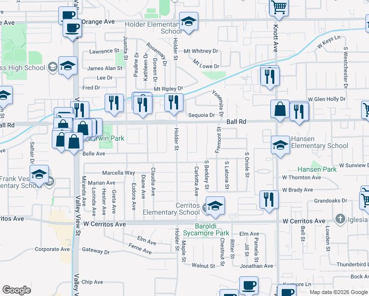 map of restaurants, bars, coffee shops, grocery stores, and more near 10060 Barbara Circle in Buena Park