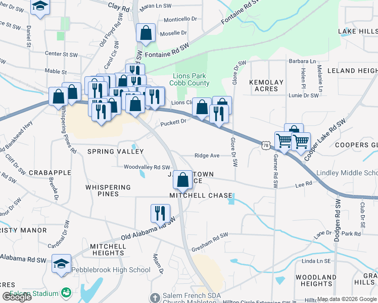 map of restaurants, bars, coffee shops, grocery stores, and more near 568 Ridge Avenue in Mableton