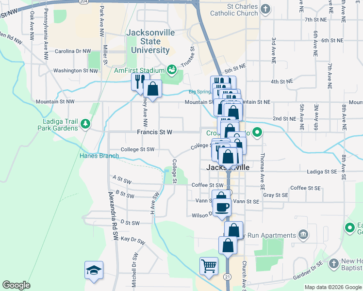 map of restaurants, bars, coffee shops, grocery stores, and more near 115 College Street Southwest in Jacksonville