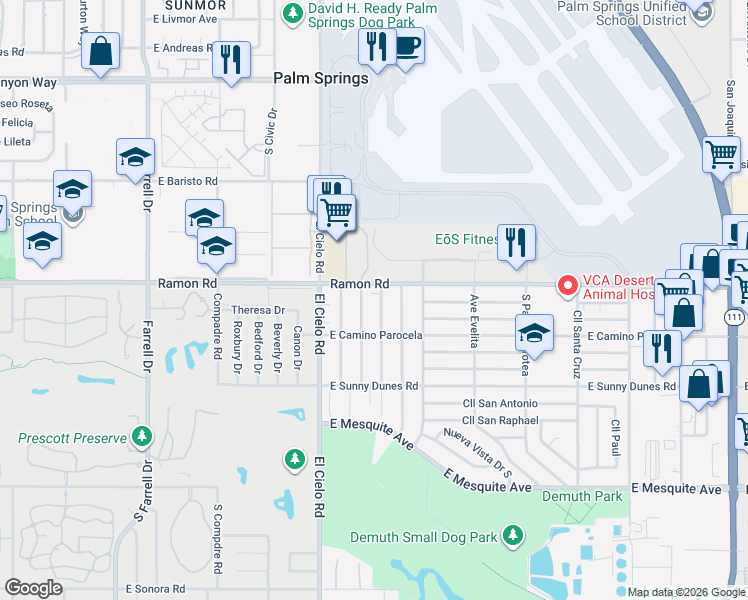 map of restaurants, bars, coffee shops, grocery stores, and more near 521 Desert Way in Palm Springs