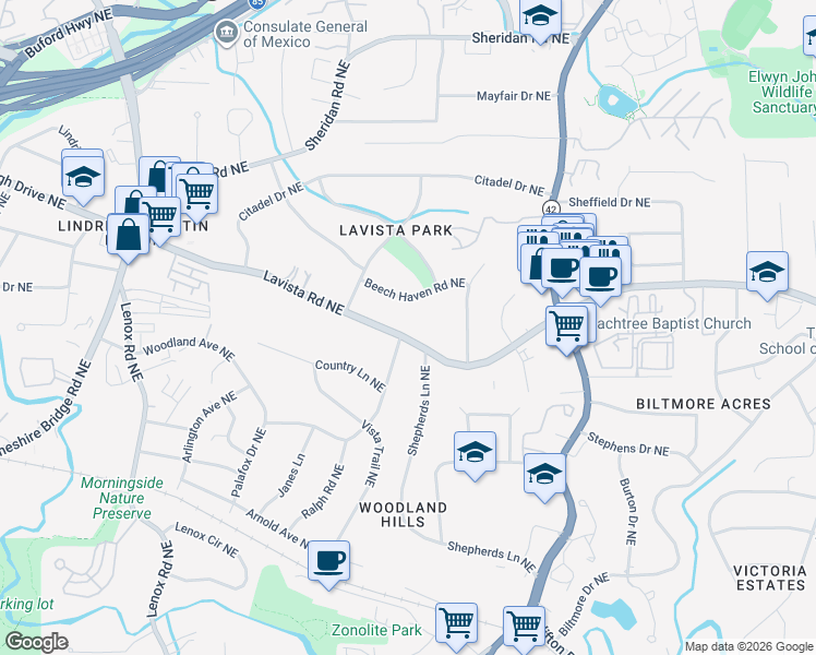 map of restaurants, bars, coffee shops, grocery stores, and more near 1474 Lavista Road Northeast in Atlanta