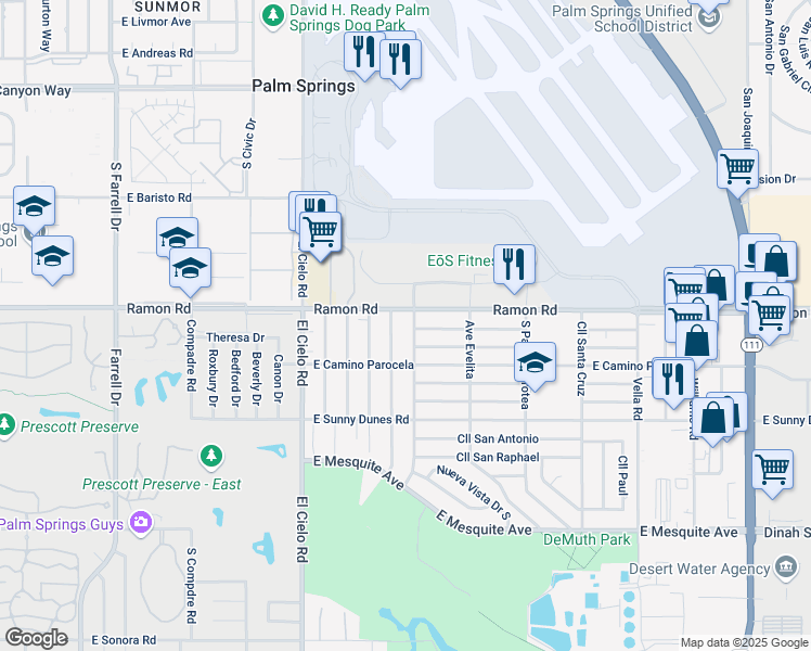 map of restaurants, bars, coffee shops, grocery stores, and more near 521 El Placer Road in Palm Springs