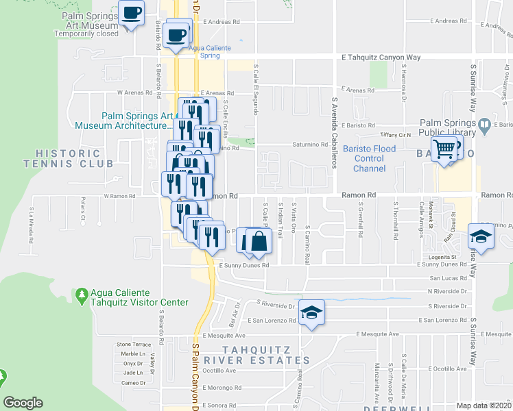 map of restaurants, bars, coffee shops, grocery stores, and more near 524 Calle Abronia in Palm Springs