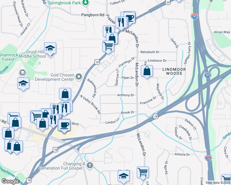 map of restaurants, bars, coffee shops, grocery stores, and more near 3063 Dove Way in Decatur