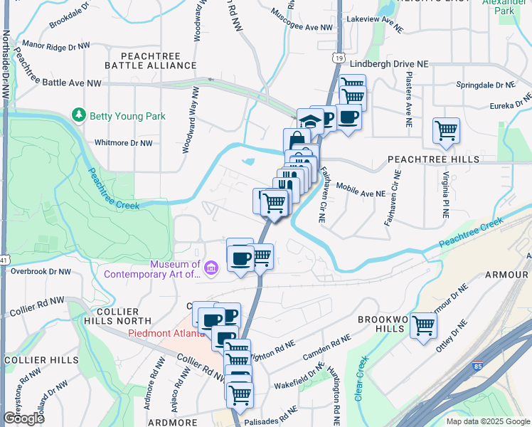 map of restaurants, bars, coffee shops, grocery stores, and more near 2230 Peachtree Road in Atlanta
