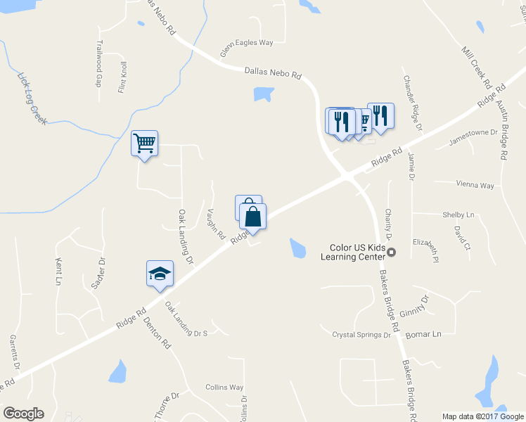 map of restaurants, bars, coffee shops, grocery stores, and more near 4445 Ridge Road in Douglasville
