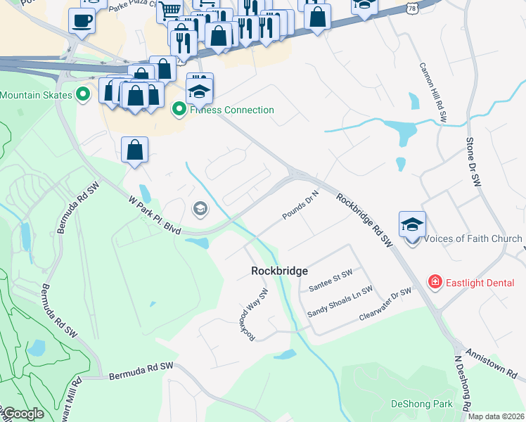 map of restaurants, bars, coffee shops, grocery stores, and more near 2425 West Park Place Boulevard in Stone Mountain