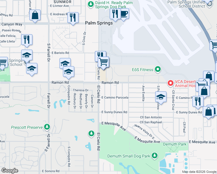 map of restaurants, bars, coffee shops, grocery stores, and more near 509 Highland Drive in Palm Springs