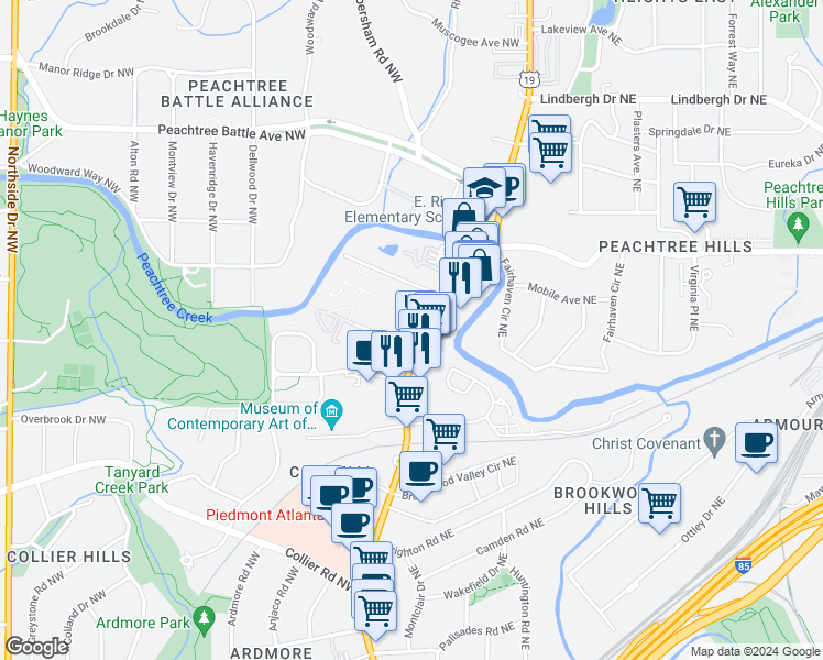 map of restaurants, bars, coffee shops, grocery stores, and more near 2254 Peachtree Road in Atlanta