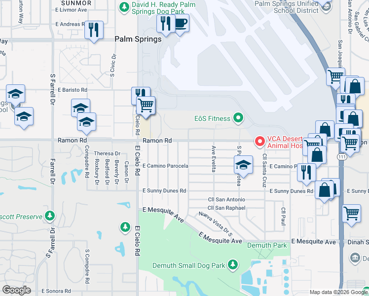 map of restaurants, bars, coffee shops, grocery stores, and more near 521 El Placer Road in Palm Springs