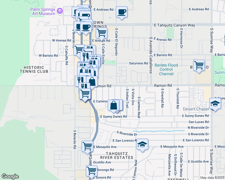 map of restaurants, bars, coffee shops, grocery stores, and more near 471 South Calle El Segundo in Palm Springs