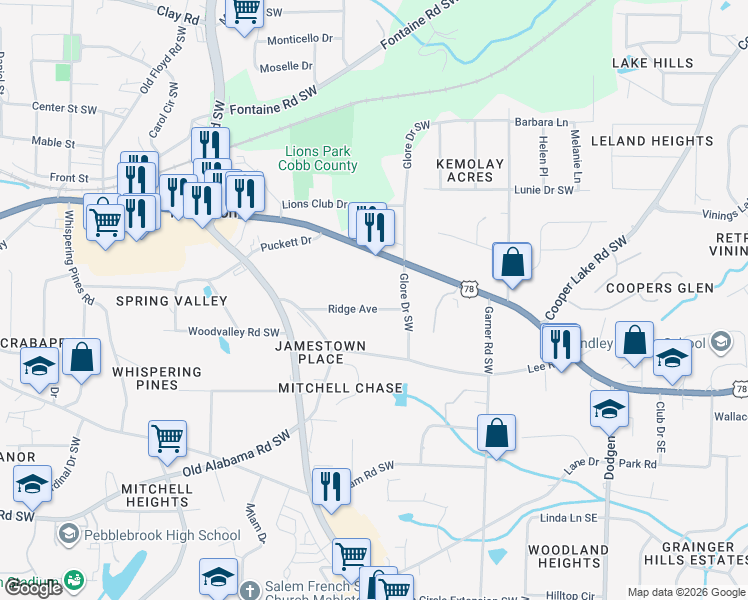 map of restaurants, bars, coffee shops, grocery stores, and more near 5650 Glore Drive Southwest in Mableton
