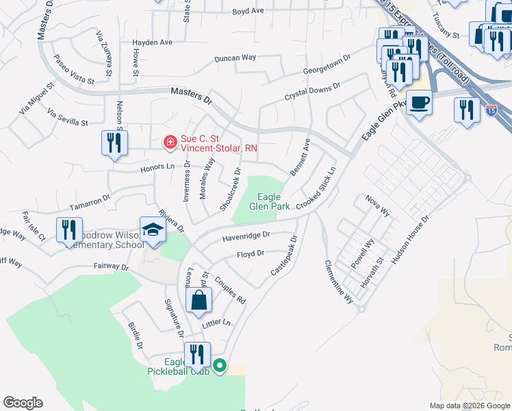 map of restaurants, bars, coffee shops, grocery stores, and more near 4190 Bennett Avenue in Corona