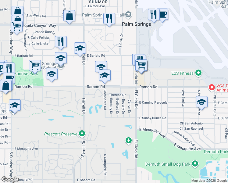 map of restaurants, bars, coffee shops, grocery stores, and more near 2900 Ramon Road in Palm Springs