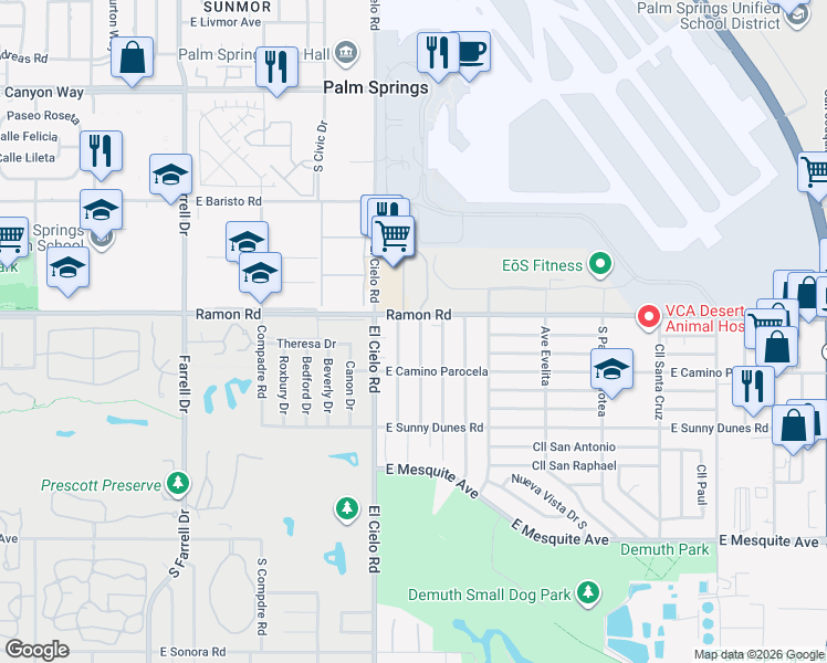 map of restaurants, bars, coffee shops, grocery stores, and more near in Palm Springs