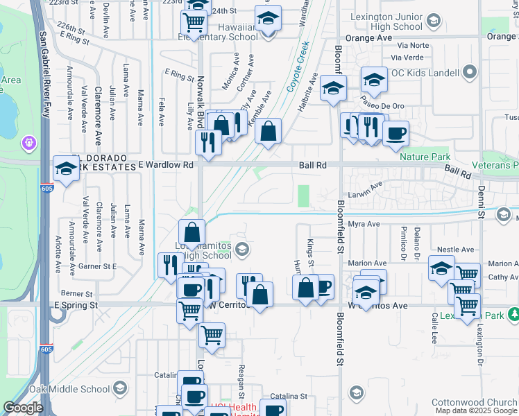 map of restaurants, bars, coffee shops, grocery stores, and more near 3702 Fenley Drive in Los Alamitos