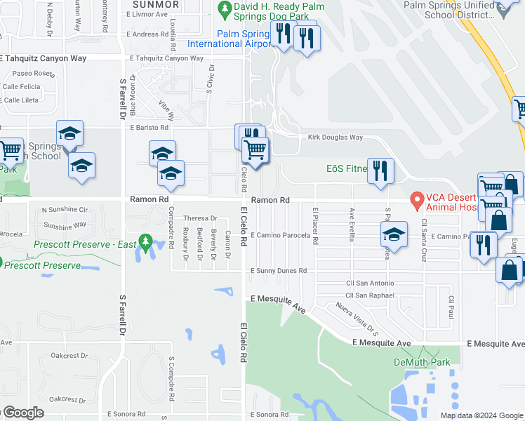 map of restaurants, bars, coffee shops, grocery stores, and more near 520 Desert View Drive in Palm Springs