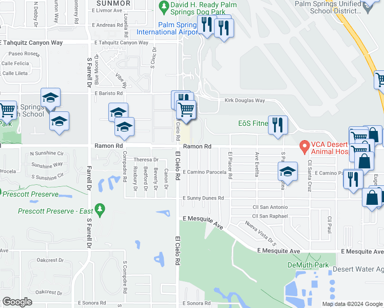 map of restaurants, bars, coffee shops, grocery stores, and more near 520 Desert View Drive in Palm Springs