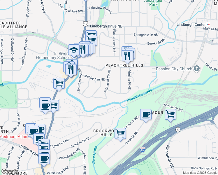 map of restaurants, bars, coffee shops, grocery stores, and more near 2241 Fairhaven Circle Northeast in Atlanta