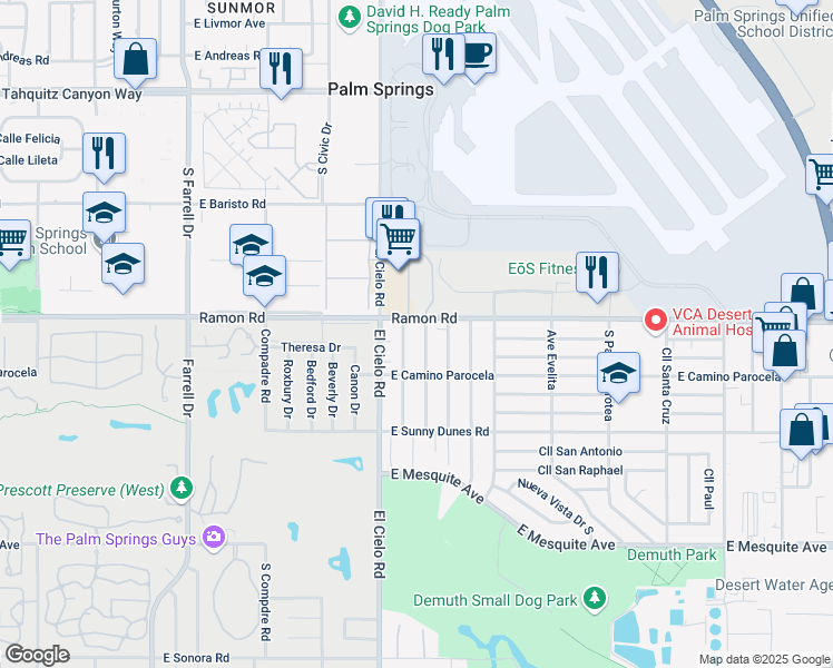 map of restaurants, bars, coffee shops, grocery stores, and more near 509 Highland Drive in Palm Springs