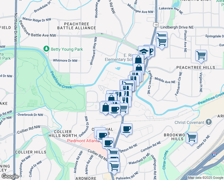 map of restaurants, bars, coffee shops, grocery stores, and more near Biscayne Drive Northwest in Atlanta
