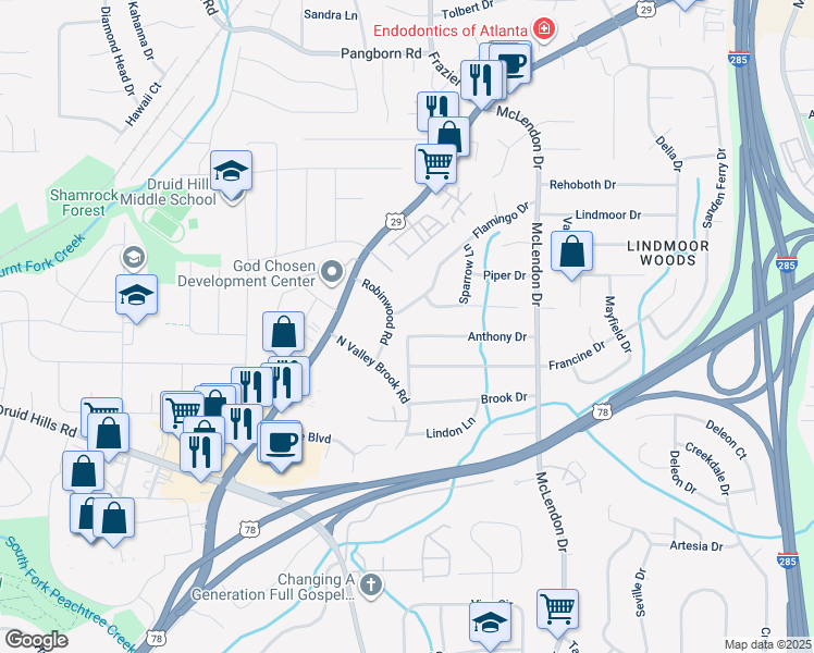 map of restaurants, bars, coffee shops, grocery stores, and more near 3017 Flamingo Drive in Decatur