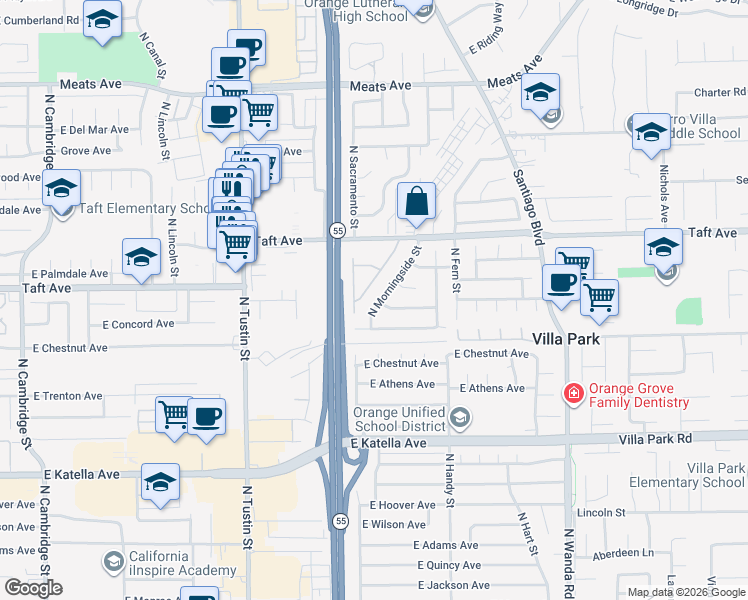 map of restaurants, bars, coffee shops, grocery stores, and more near 1674 North Morningside Street in Orange