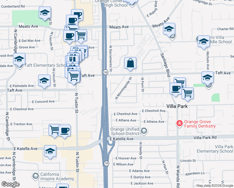 map of restaurants, bars, coffee shops, grocery stores, and more near 1674 North Morningside Street in Orange