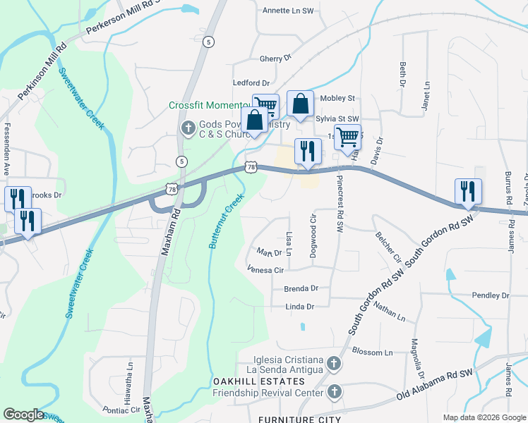 map of restaurants, bars, coffee shops, grocery stores, and more near 2040 Sanders Drive in Austell