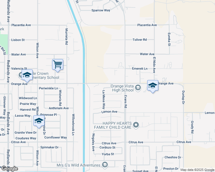 map of restaurants, bars, coffee shops, grocery stores, and more near 26400 Orange Avenue in Perris