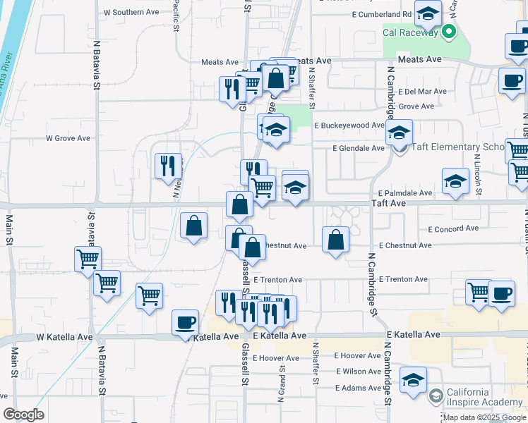 map of restaurants, bars, coffee shops, grocery stores, and more near 131 East Taft Avenue in Orange