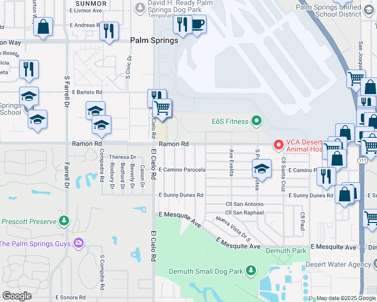 map of restaurants, bars, coffee shops, grocery stores, and more near 516 Desert Way in Palm Springs