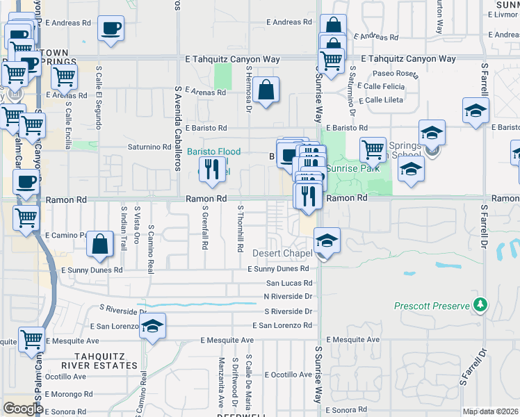 map of restaurants, bars, coffee shops, grocery stores, and more near 1372 Camino Primrose in Palm Springs
