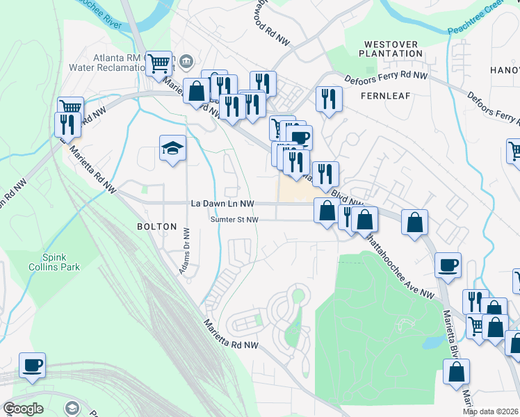 map of restaurants, bars, coffee shops, grocery stores, and more near 1905 La Dawn Lane Northwest in Atlanta