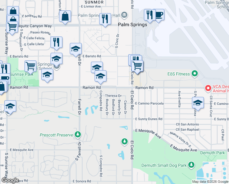 map of restaurants, bars, coffee shops, grocery stores, and more near 3155 Ramon Road in Palm Springs