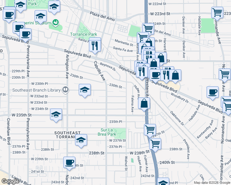map of restaurants, bars, coffee shops, grocery stores, and more near 1950 West 231st Street in Torrance
