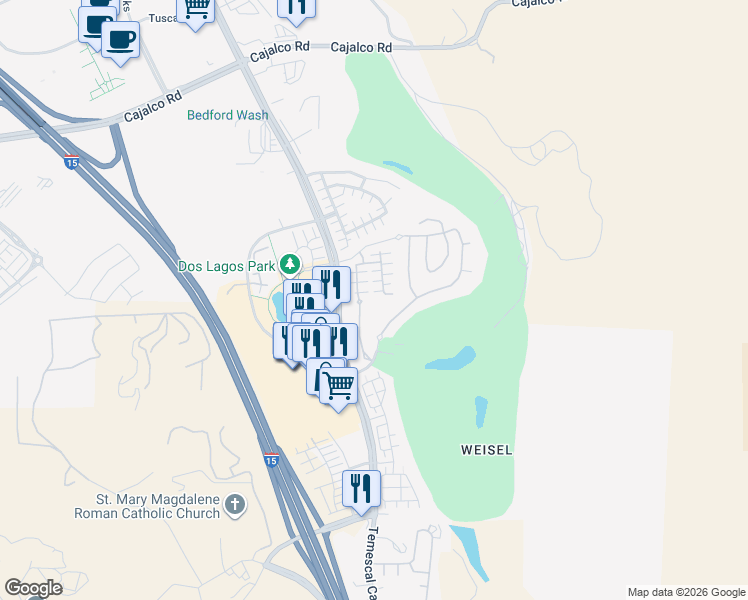 map of restaurants, bars, coffee shops, grocery stores, and more near 4332 Junction Street in Corona