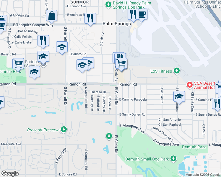 map of restaurants, bars, coffee shops, grocery stores, and more near in Palm Springs