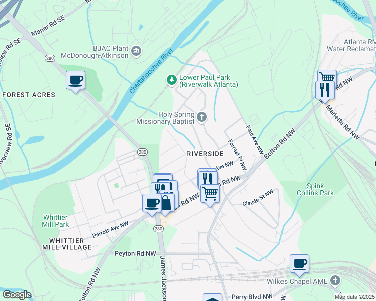 map of restaurants, bars, coffee shops, grocery stores, and more near 2167 Main Street Northwest in Atlanta
