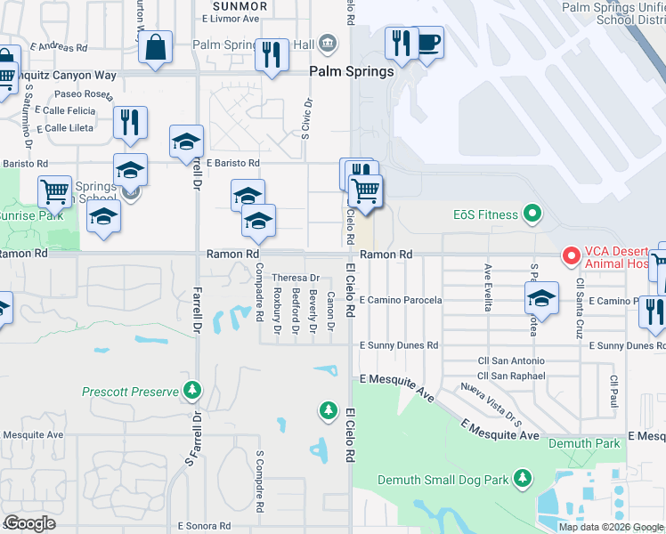 map of restaurants, bars, coffee shops, grocery stores, and more near in Palm Springs