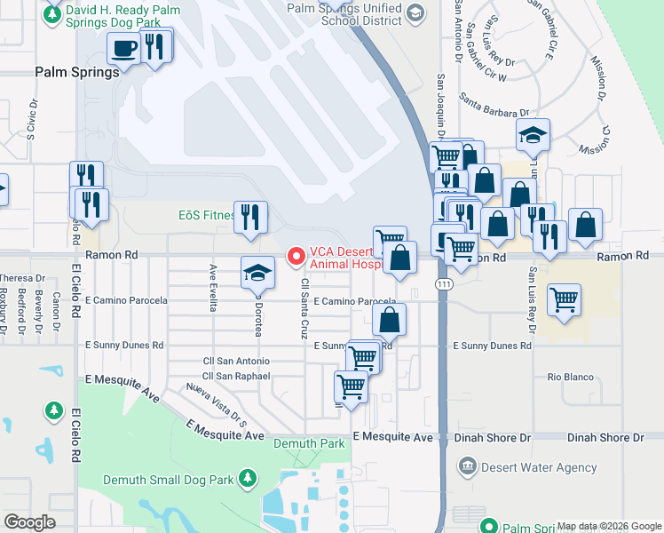 map of restaurants, bars, coffee shops, grocery stores, and more near in Palm Springs