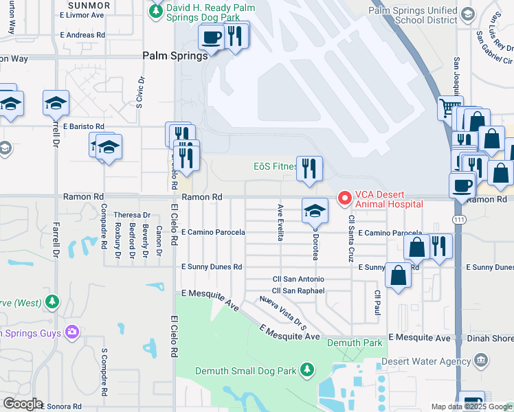 map of restaurants, bars, coffee shops, grocery stores, and more near 3845 East Ramon Road in Palm Springs