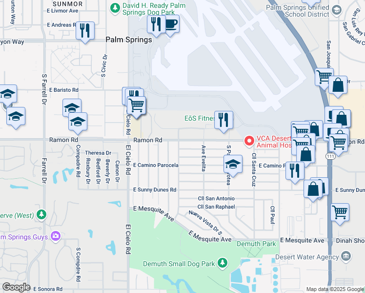 map of restaurants, bars, coffee shops, grocery stores, and more near in Palm Springs